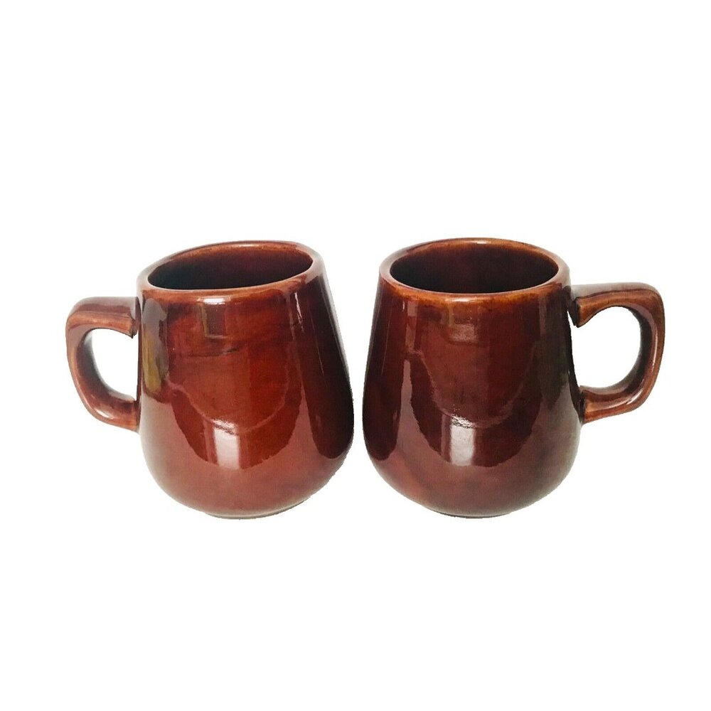2 Brown Ceramic Coffee Mugs Restaurant Diner Belly Shaped Cups Vintage Cafe USA